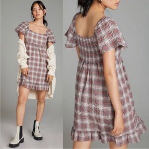 Anthropologie Maeve Flutter Sleeve Plaid Peasant Dress Sz M Cottagecore